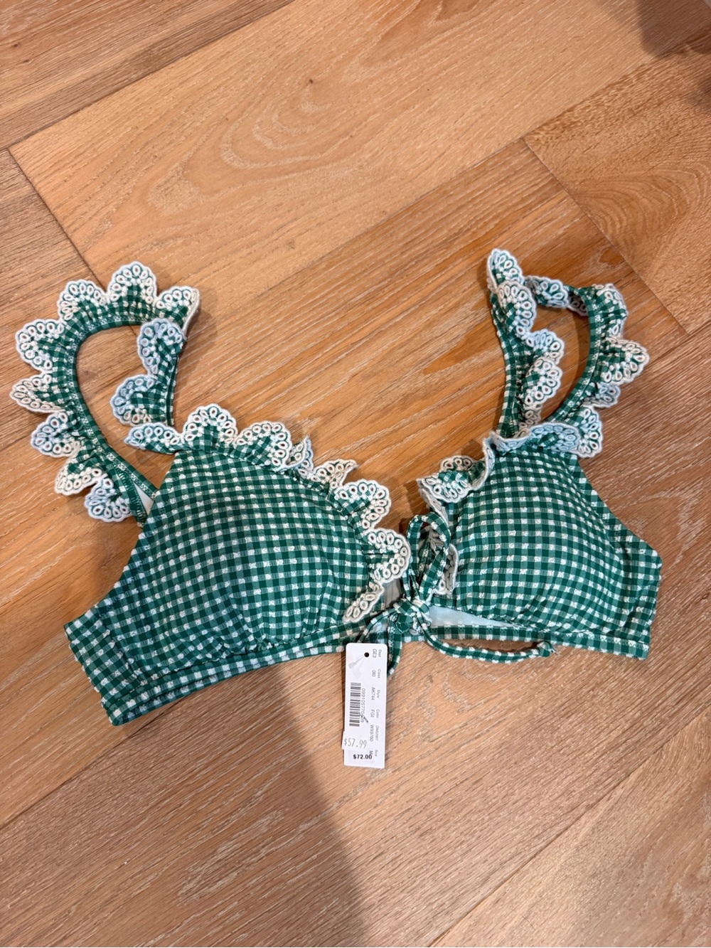 J. Crew Green Gingham Lace-Trim Bikini Top